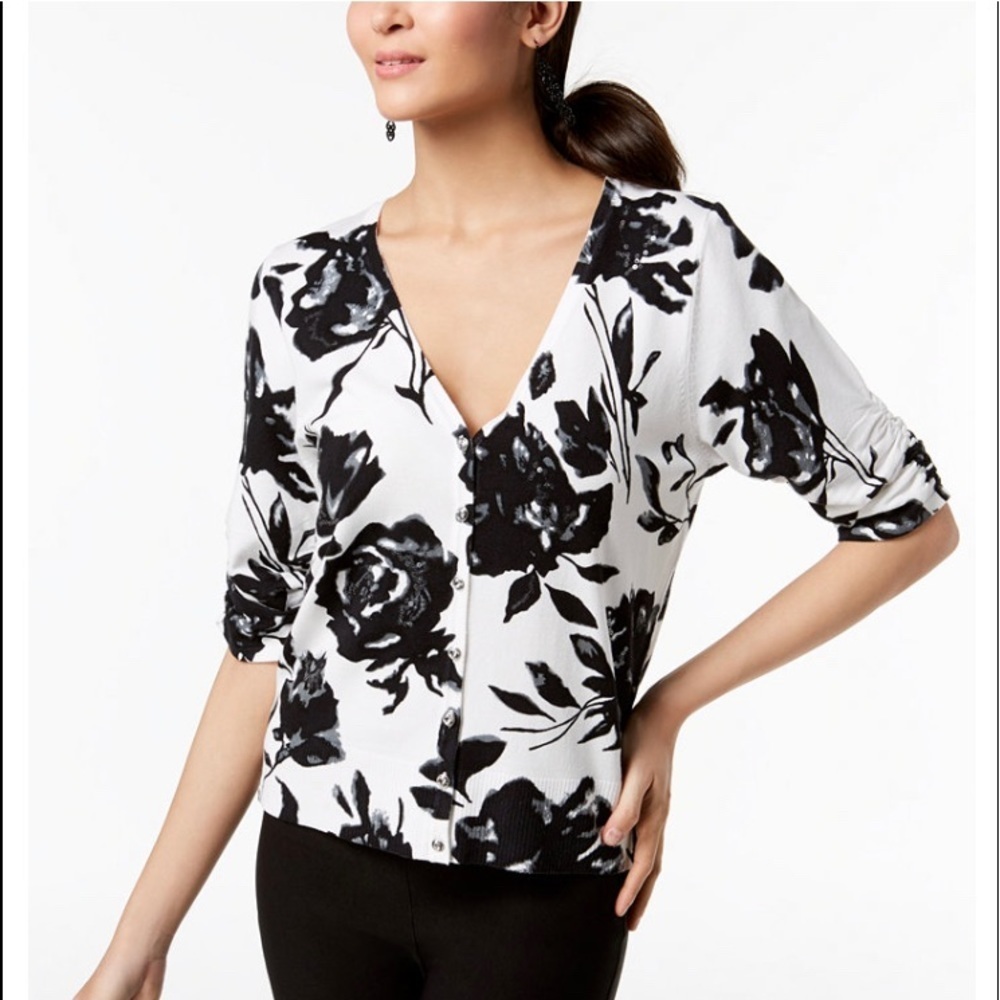 INC elbow ruched sleeve black&white floral cardigan/size XS